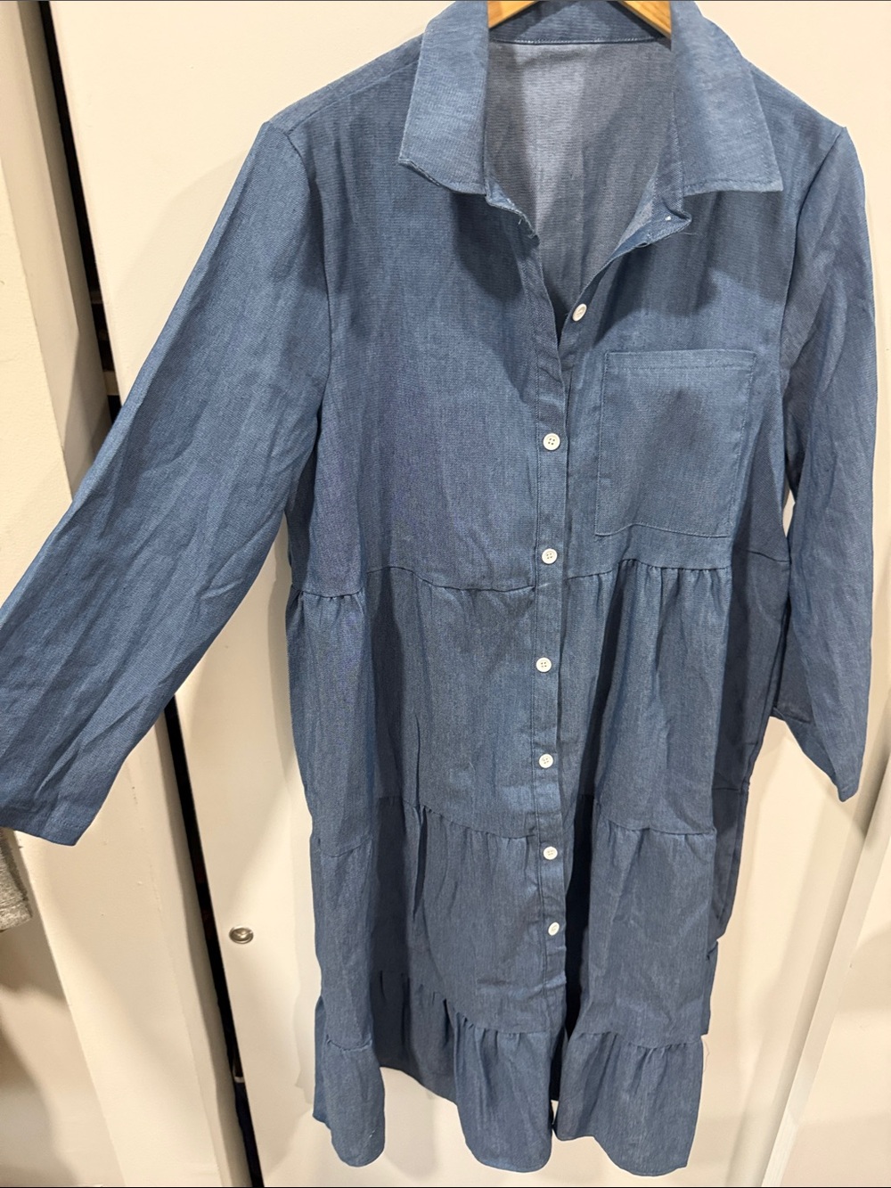 Casual Blue Chambray Button-Down Tiered Dress